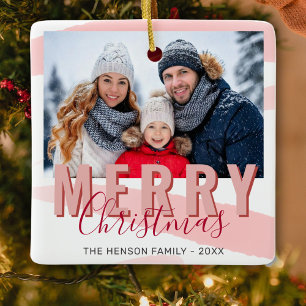 Ornamento De Cerâmica Rosa Vermelho Feliz Natal Script Família Foto