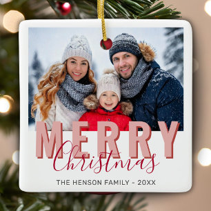 Ornamento De Cerâmica Rosa Vermelho Feliz Natal Script Família Foto
