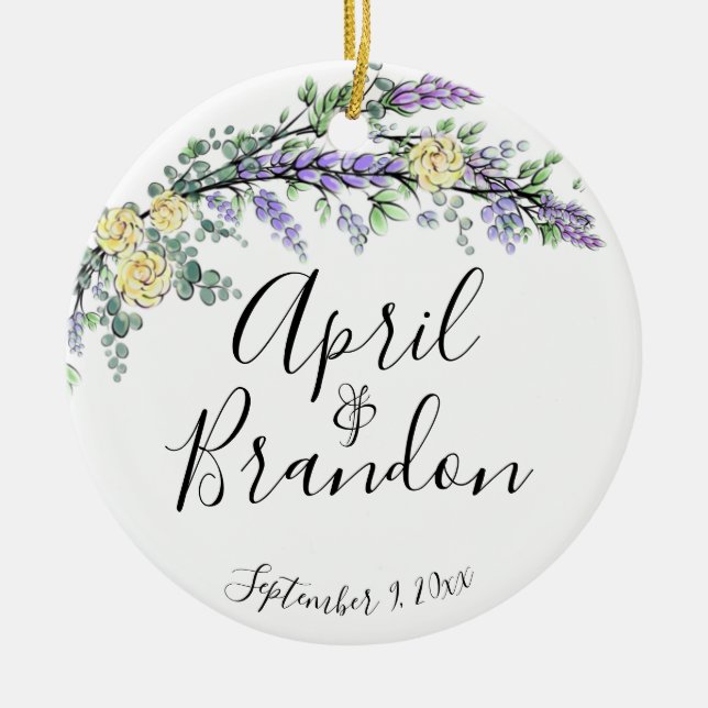 Ornamento De Cerâmica Rosas amarelas lavandas e Eucalyptus (Frente)