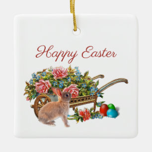 Ornamento De Cerâmica Rosas de Páscoas de bifurcação com coelho