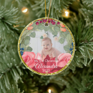 Ornamento De Cerâmica Rosas de poinsettia dourada, falso, falso