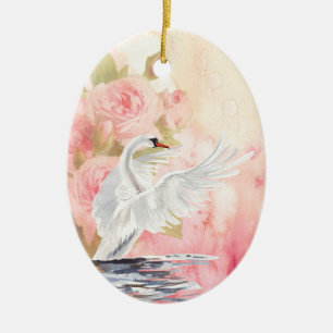 Ornamento De Cerâmica Rosas e Cisnes Brancos Personalizados da Watercolo
