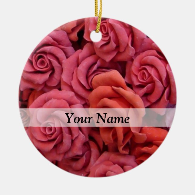 Ornamento De Cerâmica Rosas florais cor de rosa (Frente)