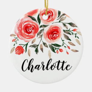 Ornamento De Cerâmica Rosas Rosa Personalizadas Floral de Aquarela