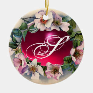 Ornamento De Cerâmica Rosas SELVAGENS COM MONOGRAMA DE PINK FUCHSIA GEM