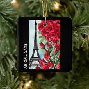 Ornamento De Cerâmica Rosas vermelhas de torre Eiffel personalizadas mod