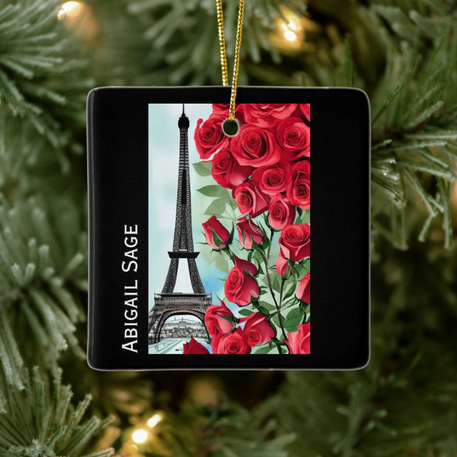 Ornamento De Cerâmica Rosas vermelhas de torre Eiffel personalizadas mod (Árvore)