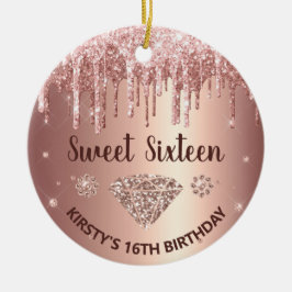 Ornamento De Cerâmica Rose Gold Glitter Drip Diamond Sweet Sixteen