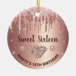 Ornamento De Cerâmica Rose Gold Glitter Drip Diamond Sweet Sixteen