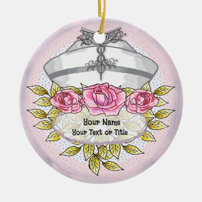 Ornamento De Cerâmica Roses caduceu enfermeira  (Frente)