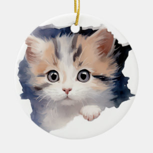 ORNAMENTO DE CERÂMICA ROSTO ADORÁVEL DO CALICO KITTEN WATERCOLOR