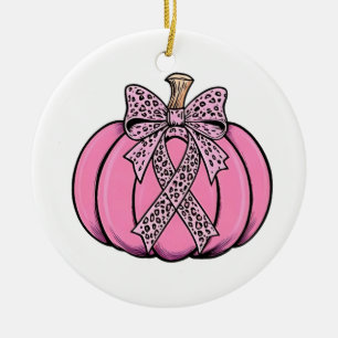 Ornamento De Cerâmica Rosto de Abóbora com Laço Rosa de Halloween para o