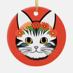 Ornamento De Cerâmica Rosto de Gato Fofo Ilustração Vibrante
