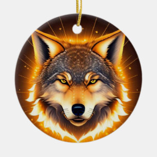 Ornamento De Cerâmica Rosto de Lobo Radiante Iluminado por Luz Dourada