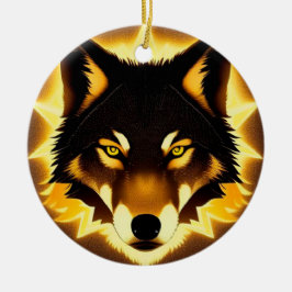 Ornamento De Cerâmica Rosto de Lobo Radiante Iluminado por Luz Dourada