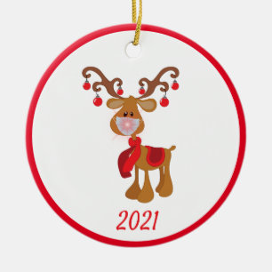 Ornamento De Cerâmica Rosto de Natal Rudolph Reindeer 2021