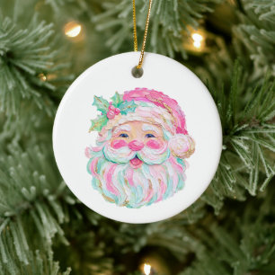 Ornamento De Cerâmica Rosto de Papai Noel Préppy Pintura em Textura Nata