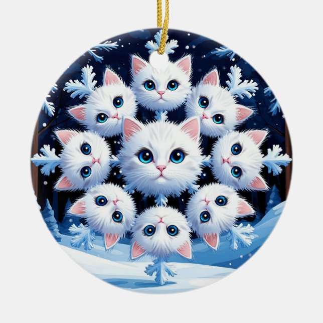 Ornamento De Cerâmica Rostos brancos e bonitos de gato arranjados em flo (Frente)
