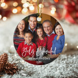 Ornamento De Cerâmica Roteiro de Caligrafia Feliz Navidad Foto Vermelho<br><div class="desc">Enfeites de natal de Fotos da Família Feliz Navidad - Flocos de neve vermelhos</div>