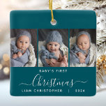 Ornamento De Cerâmica Roteiro de Foto Azul 3 Azul de Natal de 1 rua de b<br><div class="desc">Ajudem-nos a comemorar o primeiro Natal do seu neto com este belo ornamento moderno do keepsasasaame. O texto branco lê "O primeiro Natal do bebê", com a palavra "Natal" em um roteiro elegante, com flores antes e depois, sobre um fundo azul teal. Substitua as três imagens de exemplo por suas...</div>