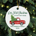 Ornamento De Cerâmica Roteiro de Pincel Verde Primeiro Natal Novo Caminh<br><div class="desc">Escrita de Pincel Moderna Nosso Primeiro Natal em nosso Novo Ornamento Doméstico inclui Watercolor Vintage Red Truck com Árvore de Natal - Script Verde Florestal</div>