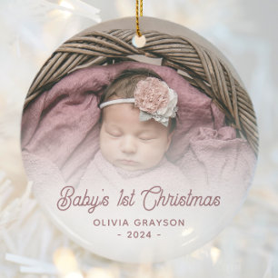 Ornamento De Cerâmica Roteiro Retroativo do Rosa de Foto de Natal do Beb