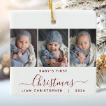 Ornamento De Cerâmica Roteiro Vermelho Fotografado com 1 rua de Natal do<br><div class="desc">Ajudem-nos a comemorar o primeiro Natal do seu neto com este belo ornamento moderno do keepsasasaame. O texto vermelho burgundy lê "O primeiro Natal do bebê", com a palavra "Natal" em uma escrita elegante com florescimento antes e depois. Substitua as três imagens de exemplo por suas fotos verticais favoritas e...</div>