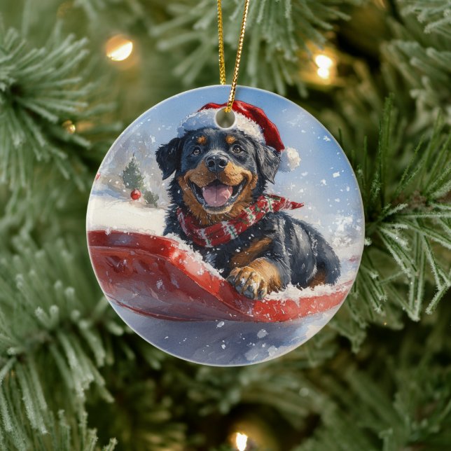 Ornamento De Cerâmica Rottweiler Cachorro com Lama Deixe nevar Natal (Árvore)