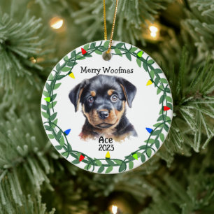 Ornamento De Cerâmica Rottweiler Cachorro/Monograma de Puppy Natal