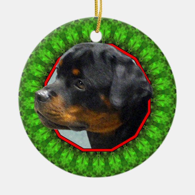 Ornamento De Cerâmica Rottweiler Howliday feliz (Frente)