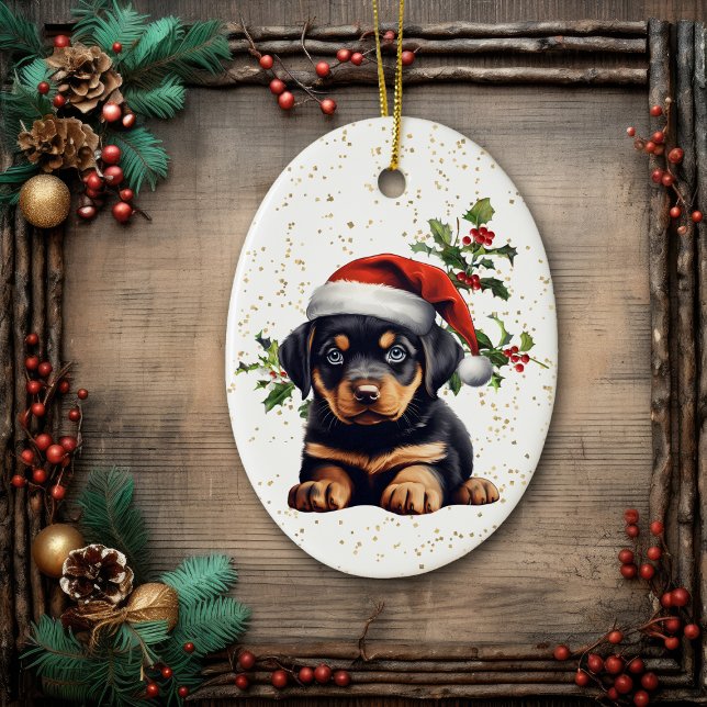 Ornamento De Cerâmica Rottweiler Puppy Natal Holly (Criador carregado)