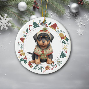 Ornamento De Cerâmica Rottweiler Puppy no Natal