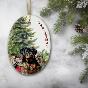 Ornamento De Cerâmica Rottweiler Puppy Wicker Basket Natal