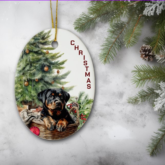 Ornamento De Cerâmica Rottweiler Puppy Wicker Basket Natal (Criador carregado)
