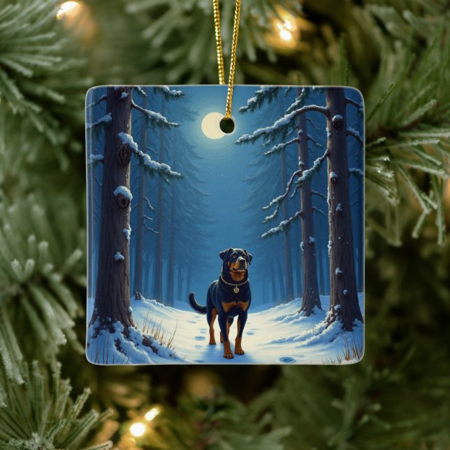 Ornamento De Cerâmica Rottweiler Starry Forest Hike Christmas Painting (Árvore)