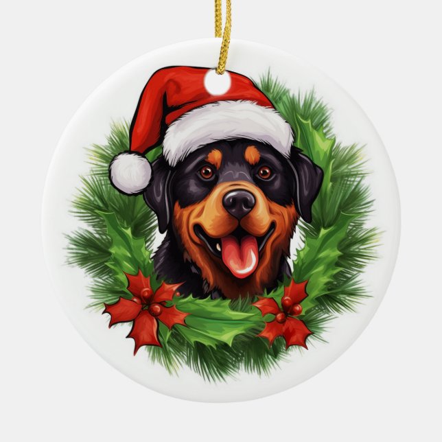 Ornamento De Cerâmica Rottweiler Wreath de Natal (Frente)