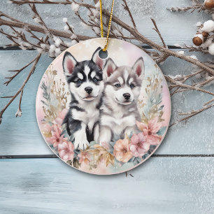 Ornamento De Cerâmica Rouco Adorável Puppies Rosa Natal Floral