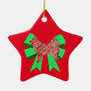 Ornamento De Cerâmica Rouco Cão Silhueta Vermelho e Arco Verde Natal