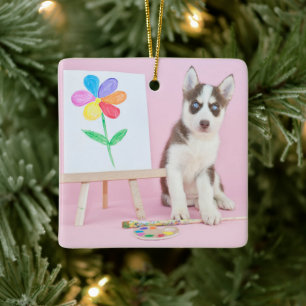 Ornamento De Cerâmica Rouco Puppy Pintando uma Flor Arco-Íris