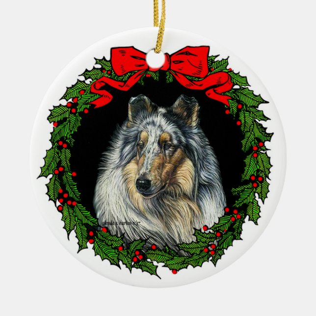 Ornamento De Cerâmica Rough Collie Art por Glenda S. Harlan (Frente)