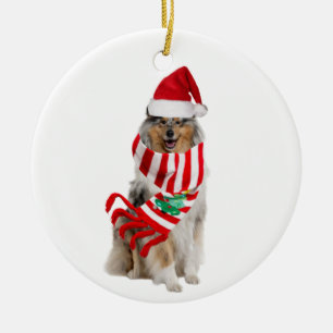 Ornamento De Cerâmica Rough Collie com o Natal do Chapéu