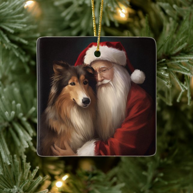 Ornamento De Cerâmica Rough Collie com Papai Noel Natal Festivo (Árvore)