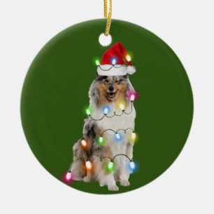 Ornamento De Cerâmica Rough Collie Com Scafts De Natal Santa Hat