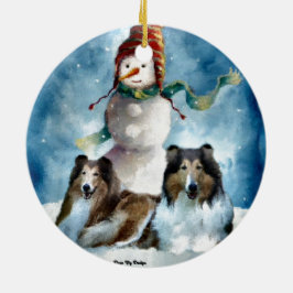 Ornamento De Cerâmica Rough Collie com Snowman no Natal