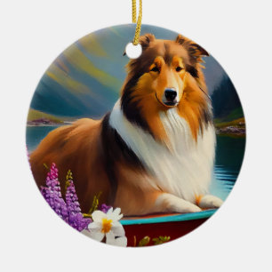 Ornamento De Cerâmica Rough Collie em um Paddle: Uma Aventura Cênica