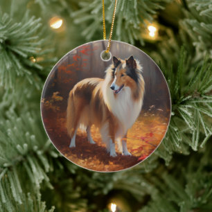 Ornamento De Cerâmica Rough Collie no Outono Folhas Caídas Inspiram