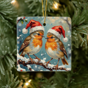 Ornamento De Cerâmica Rouxinóis Vintage com Chapéus de Papai Noel em Gal