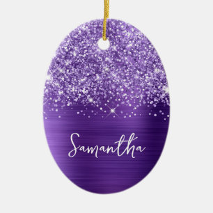 Ornamento De Cerâmica Roxo ametista cintilante glam nome oval foto