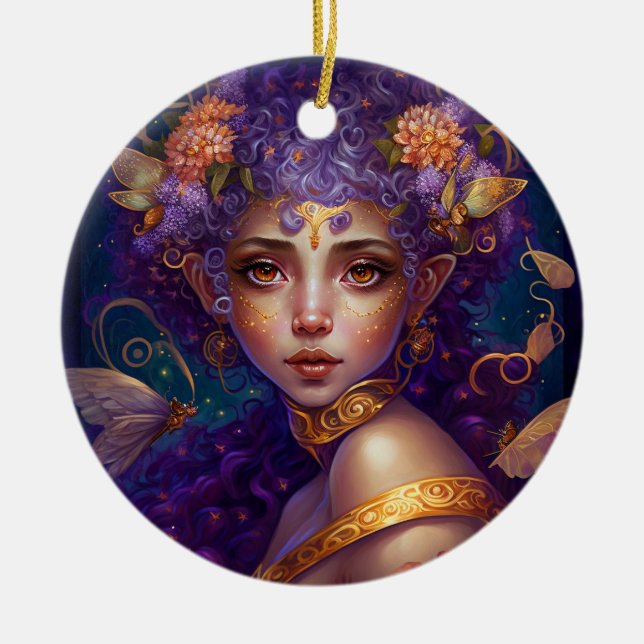 Ornamento De Cerâmica Roxo Elf Fairy Fantasy Art (Frente)