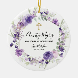 Ornamento De Cerâmica Roxo Floral Geométrico Você será a Madrinha